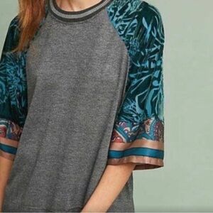 Cotton 3/4 Sleeve Relaxed Tee w/ Flocked Velvet and Silk Raglan Sleeves